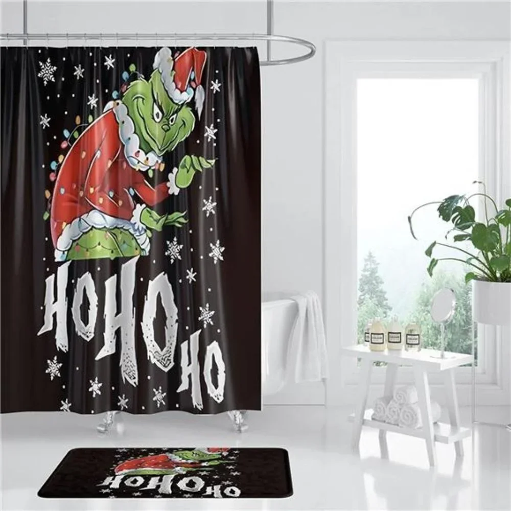 4 Pcs The Grinch Christmas Shower Curtain Set, Toilet Cover and Bath Mat 72x72